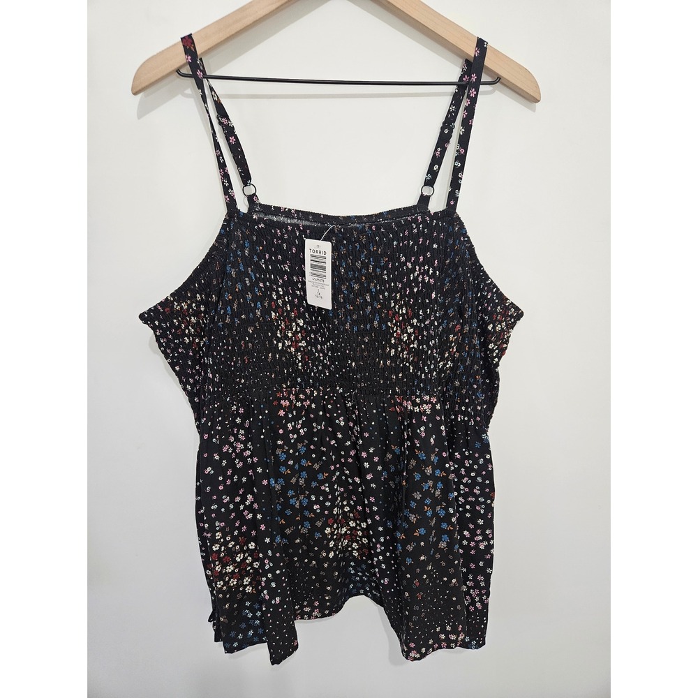 Torrid‎ Wild Daisy Trail Smocked Cold Shoulder Blouse Black Floral 1X 14-16 NWT